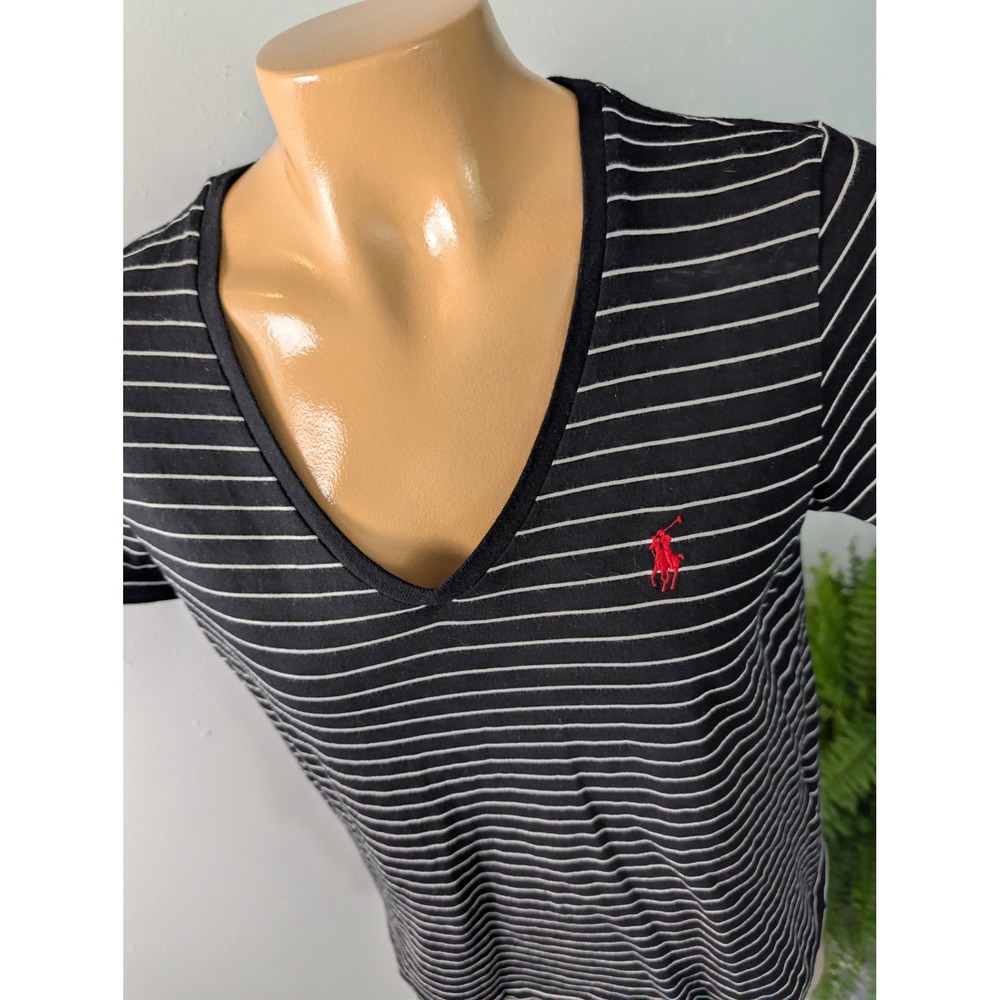 Polo Ralph Lauren T-Shirt Women Medium Black Striped V-Neck Cotton Pony Logo